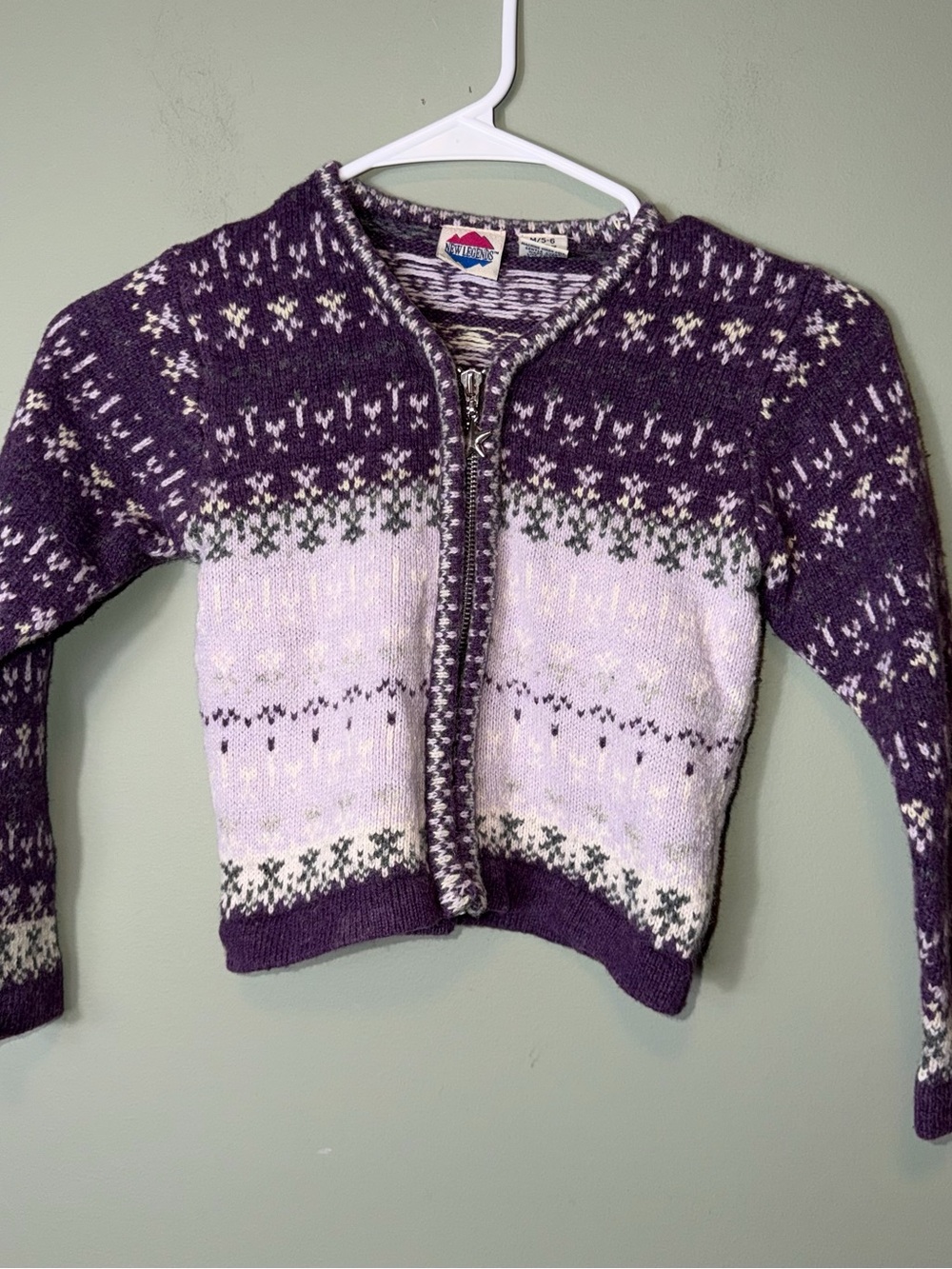 New Legends Girls Purple Lavender Fair Isle Zip-Front Sweater 5/6 Wool‎ Blend